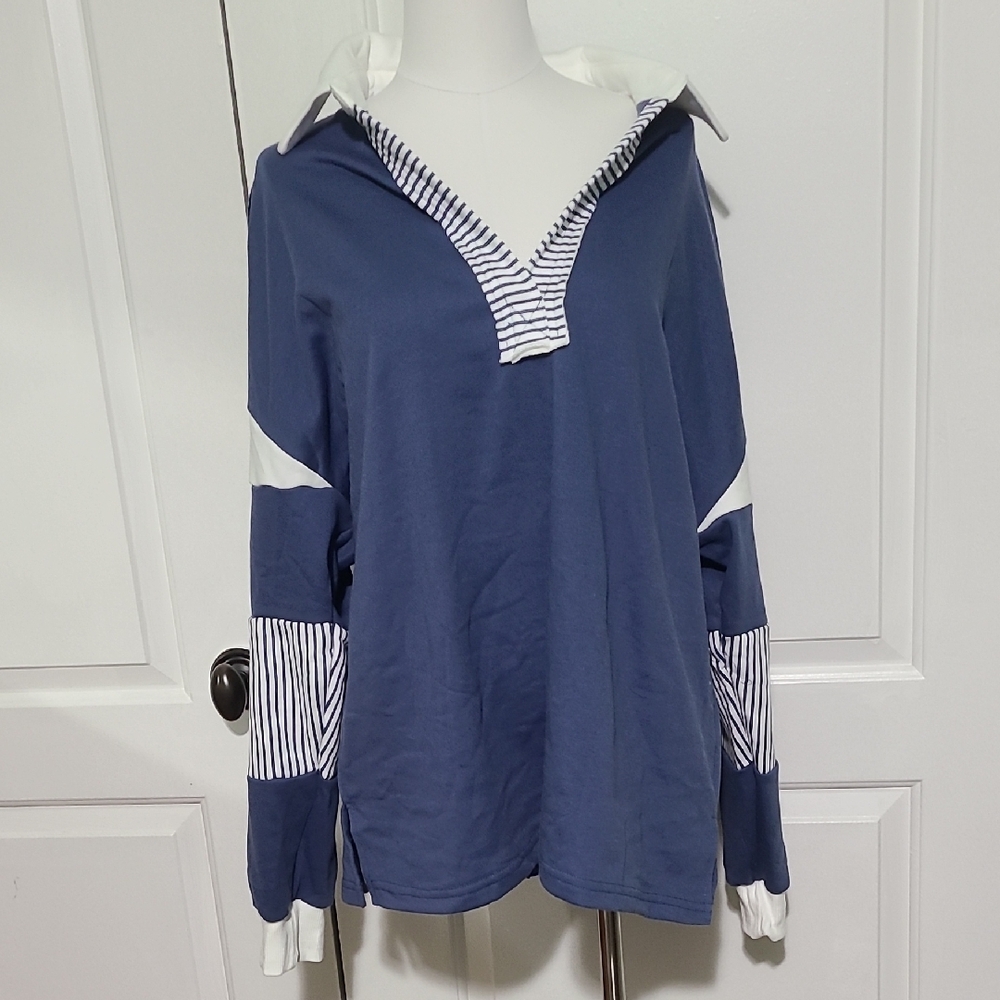 NWOT Jenny Boston Oversized Blue And White Nautical Style Collared Sweater